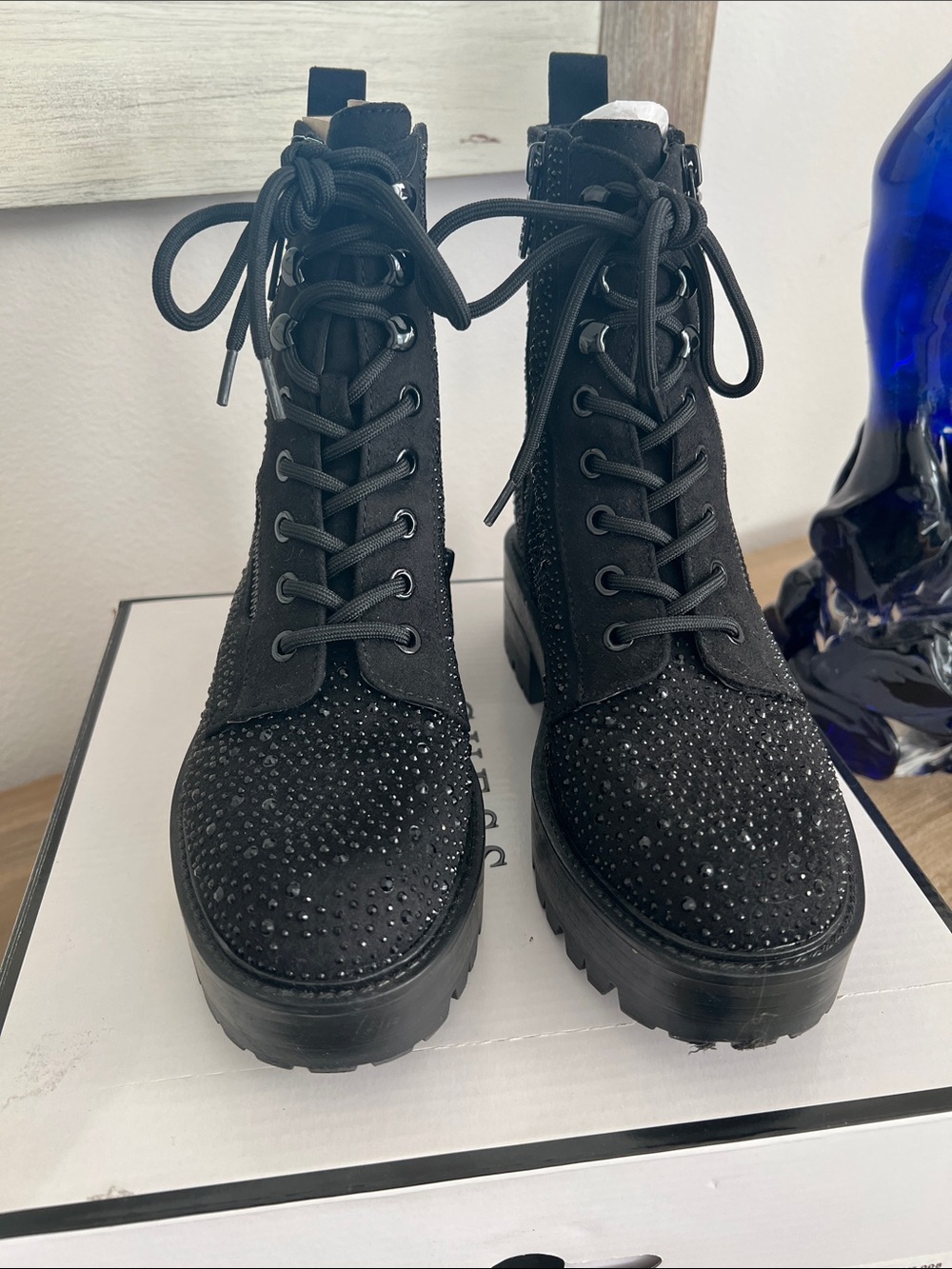 Guess Black Women's Lace-Up Combat Boots with Rhinestone Detail